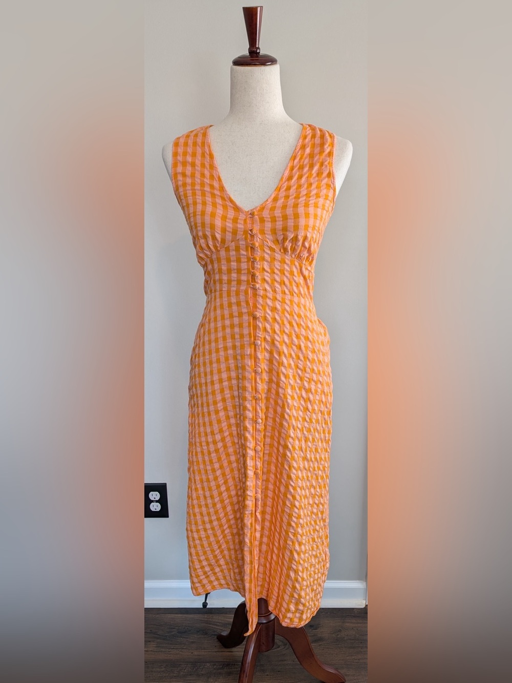 Nobody's Child Womenโs Sandra Orange Gingham Check Button Up Midi Dress Size 2P
